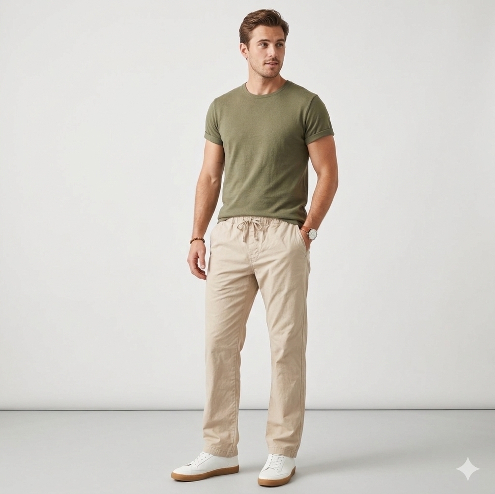 Onia Mens 100% Cotton Drawstring Elastic Waist Pants Pull-On Tan Size L